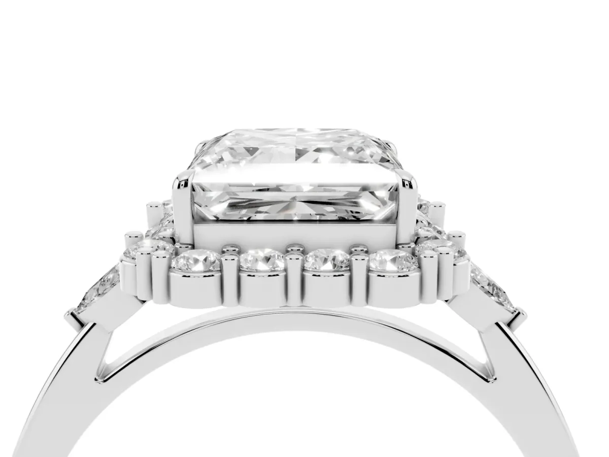 Princess Cut Diamond Halo Ring with Pear Side Stones and Prong Setting Silver