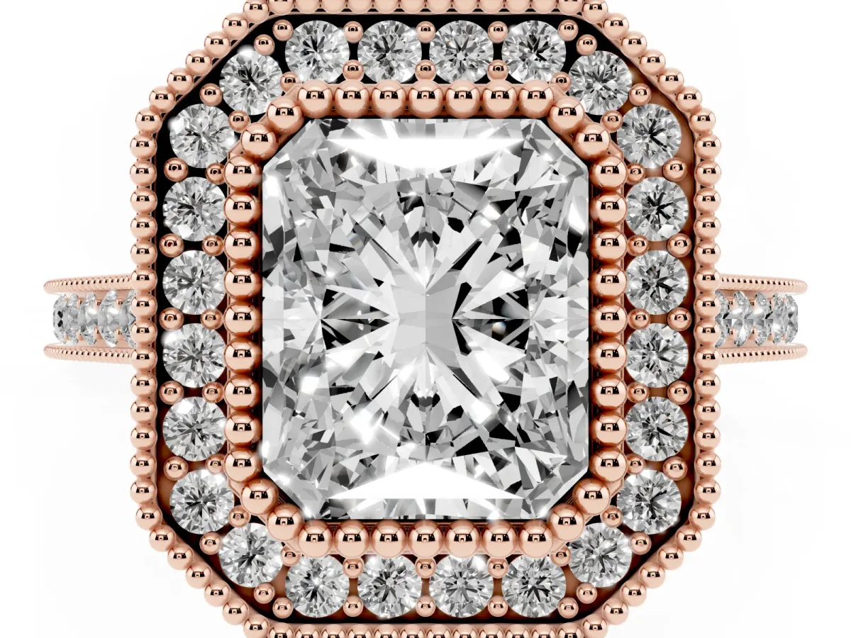 Radiant Cut Diamond Halo Ring with Milgrain Frame and Pavé Band Rose gold