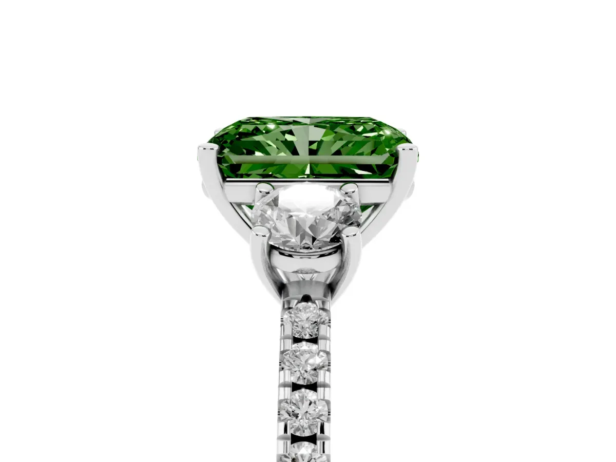 Fancy Green Three-Stone Radiant Cut Cut Diamond Pavé Band with Prong Setting Silver