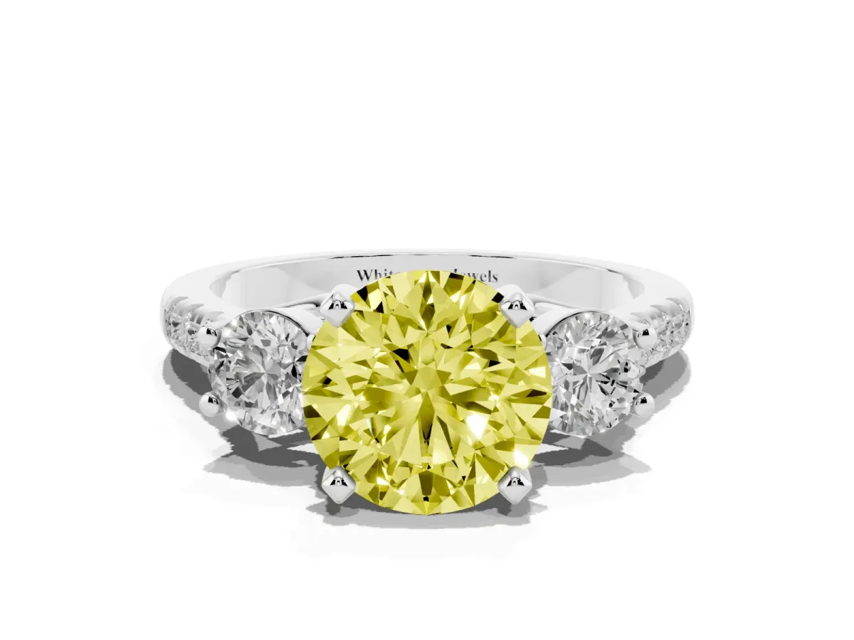 Fancy Yellow Three-Stone Round Cut Diamond Pavé Band with Four-Prong Setting Silver