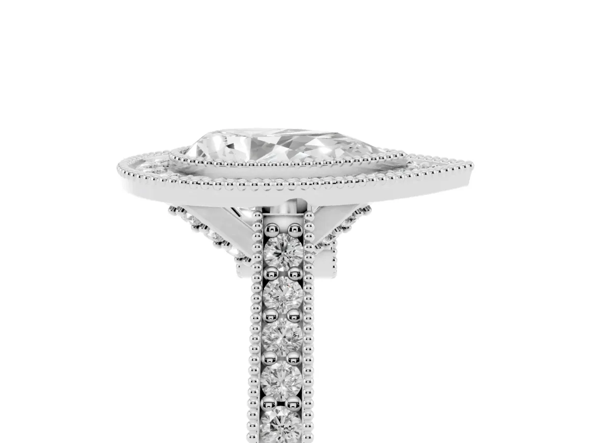 Halo Pear Cut-Cut Diamond Pave Band Milgrain Prong Setting Ring Silver