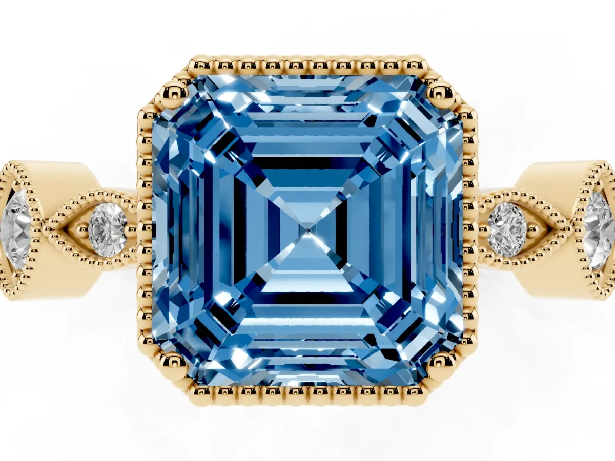 Fancy Blue Asscher Cut Diamond Vintage Milgrain Ring with Round Stations Yellow gold