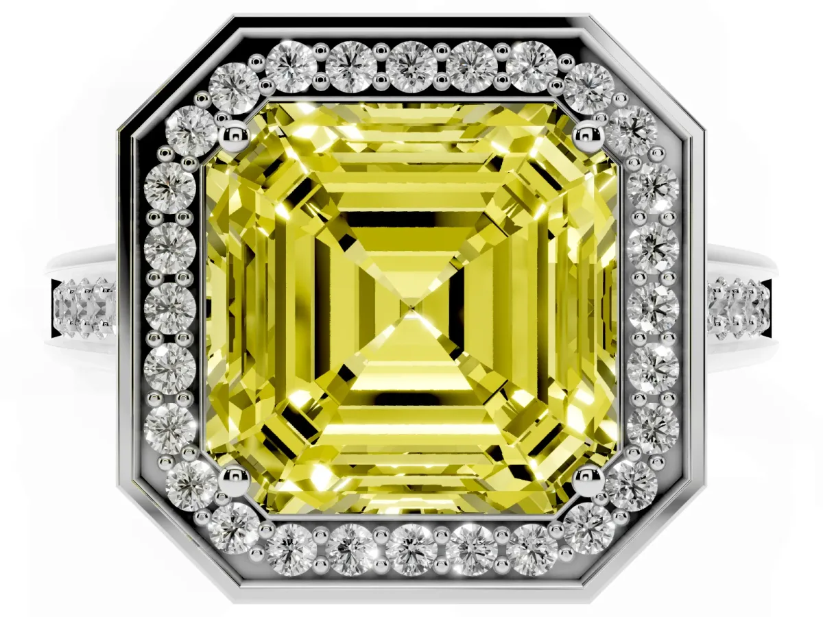 Fancy Yellow Asscher Cut Halo Solitaire Diamond Ring with Pave Band and Bezel Setting Silver