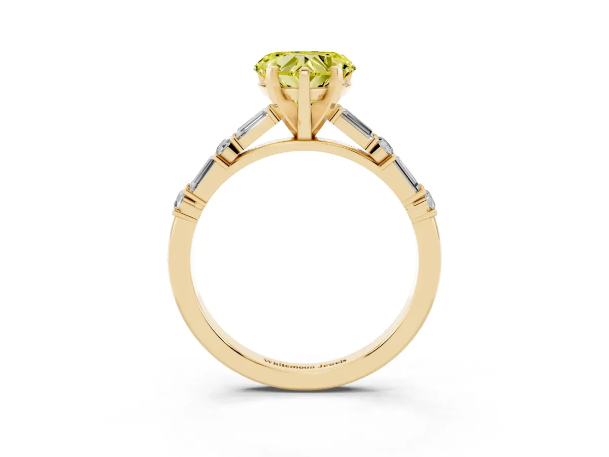 Fancy Yellow Heart Cut Diamond Solitaire with Side Baguettes and Channel Set Band Yellow gold