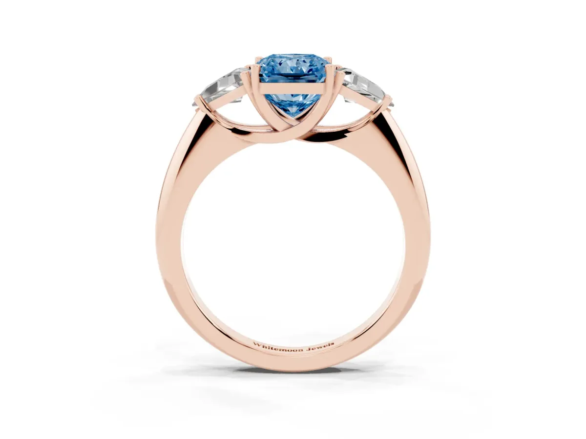 Fancy Blue Three-Stone Radiant Cut Diamond Engagement Ring with Trillion Side Stones and Prong Setting Rose gold