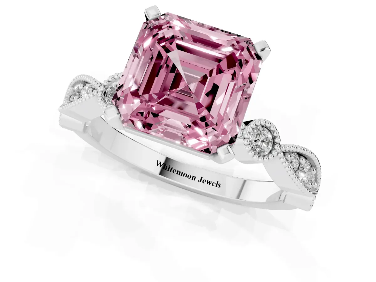Fancy Pink Asscher Cut Milgrain Bezel Diamond Engagement Ring with Solitaire Prong Setting Platinum