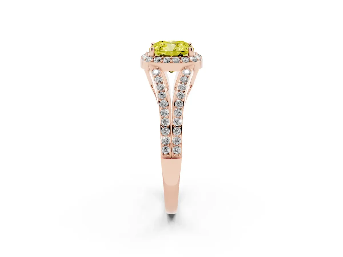 Fancy Yellow Cushion Cut Halo Split Shank Pave Diamond Ring with Four-Prong Setting Rose gold