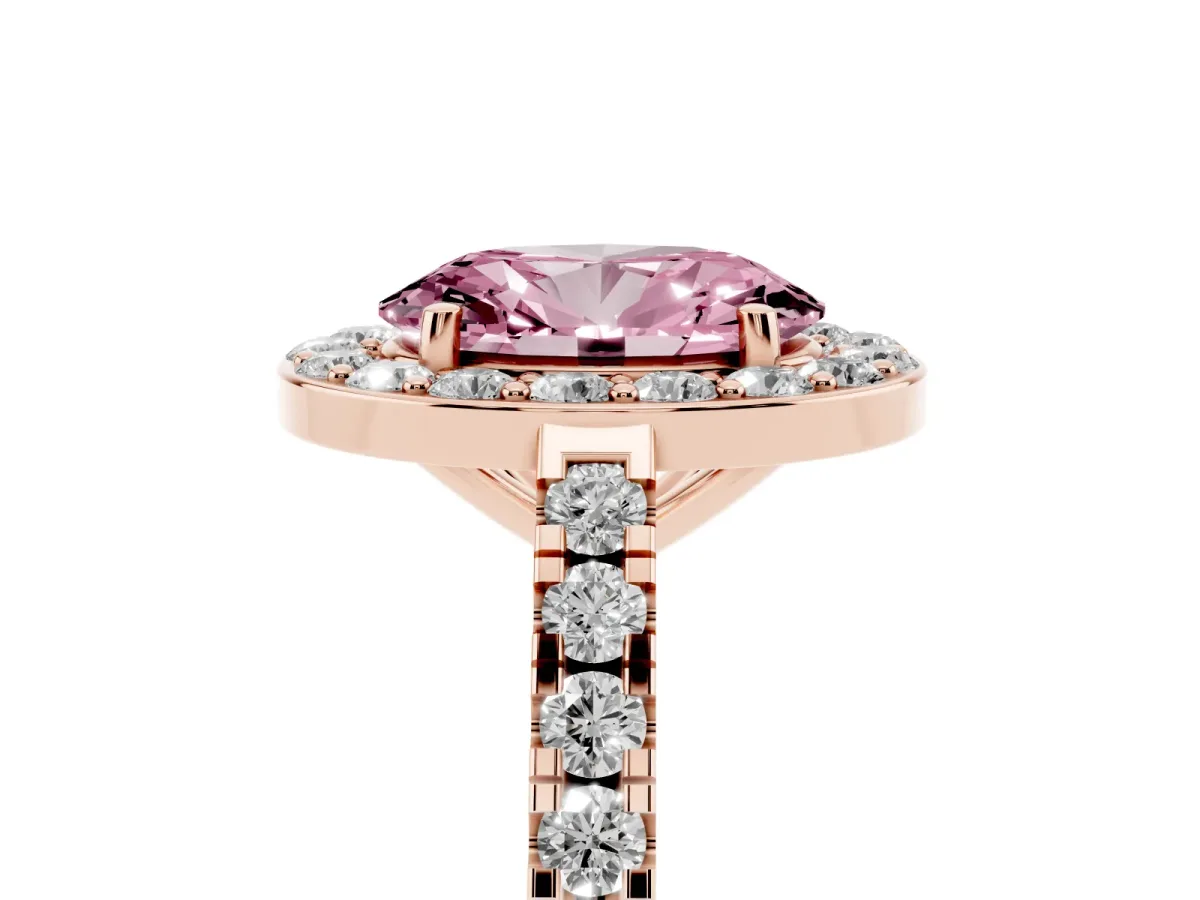 Fancy Pink Oval Cut Diamond Halo Ring with Round Pavé Split Shank and Prong Setting Rose gold