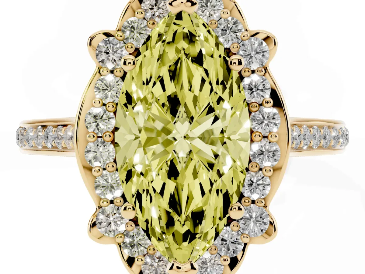 Fancy Yellow Marquise Cut Halo Round Diamond Pave Band with Four-Prong Setting Yellow gold