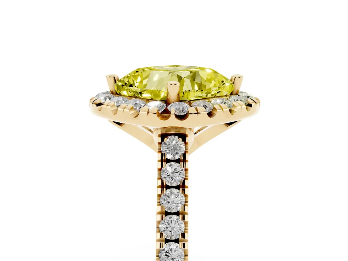 Fancy Yellow Cushion Cut Diamond Cushion Halo Ring with Pavé Band Yellow gold