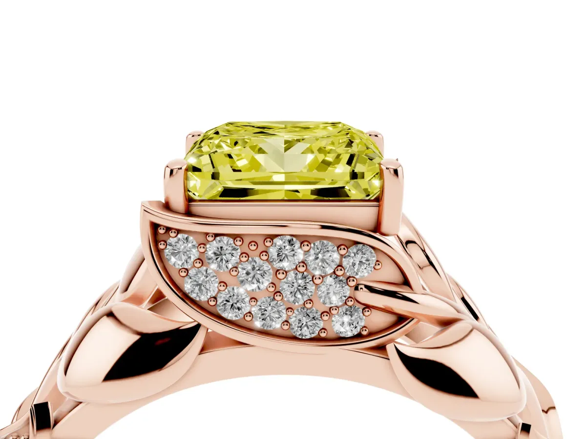 Fancy Yellow Princess Cut Diamond Leaf-Inspired Engagement Ring with Round Accents and Prong Setting Rose gold