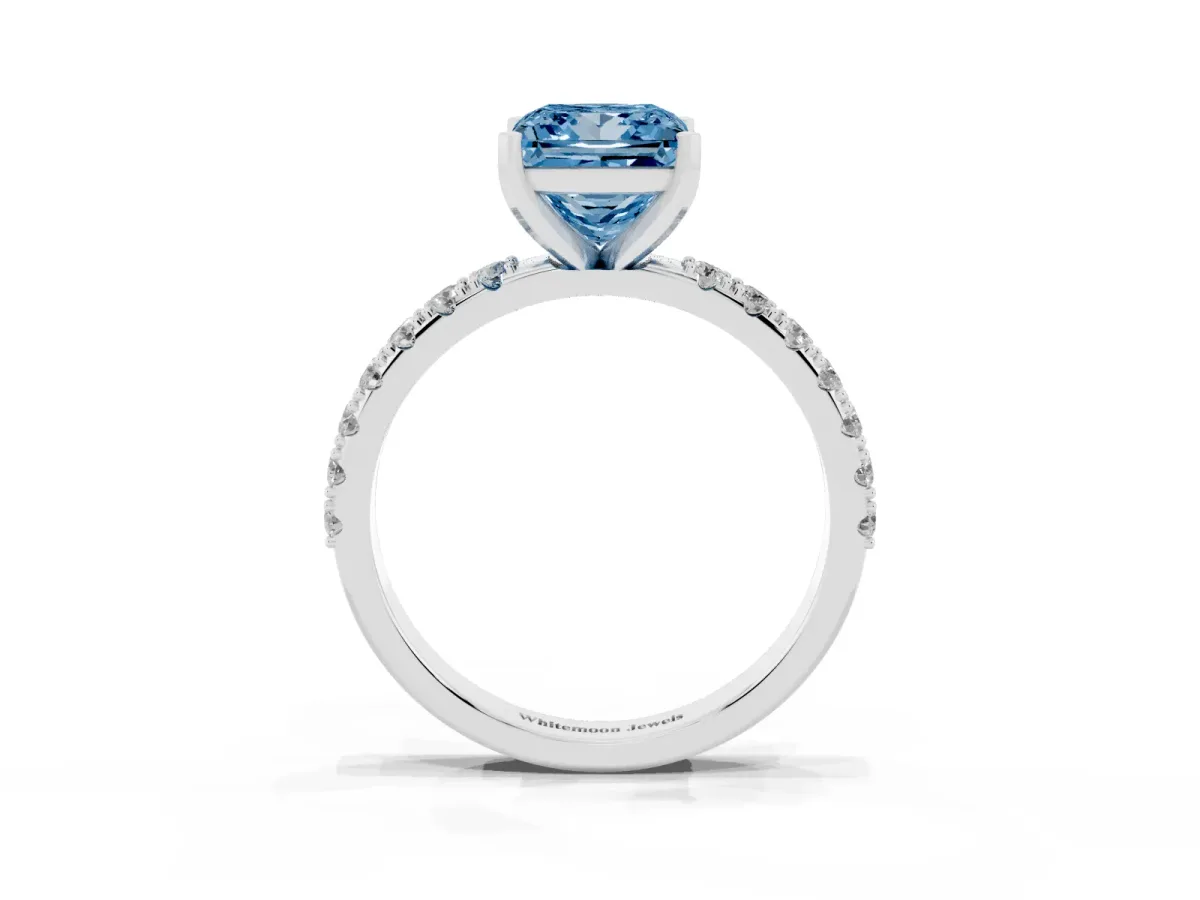 Fancy Blue Princess Cut Diamond Solitaire Pavé Band with Four-Prong Setting Silver