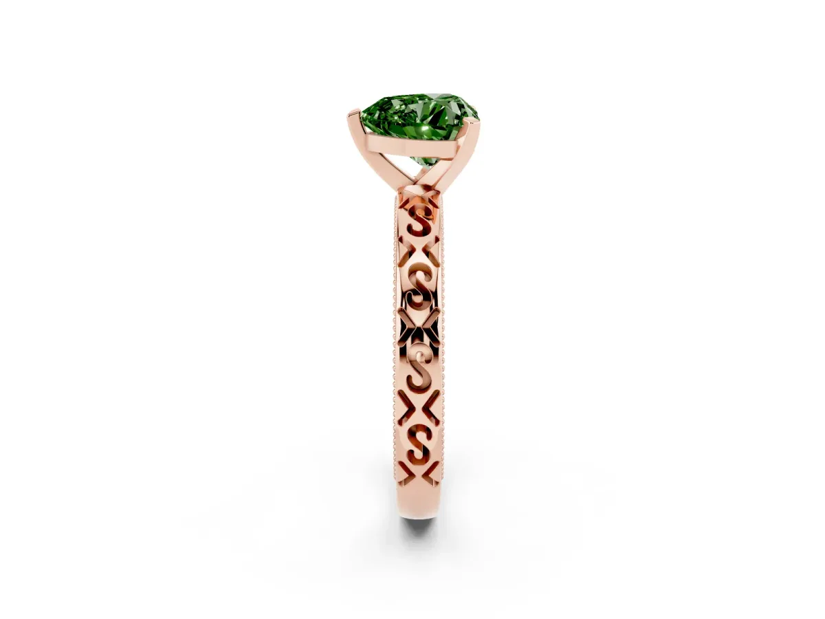 Fancy Green Heart Cut Solitaire Engagement Ring with Scrollwork Band and Four-Prong Setting Rose gold