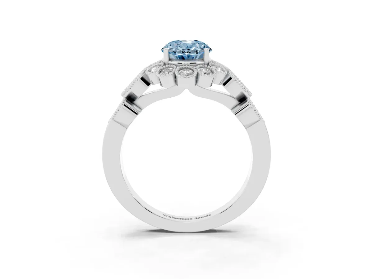 Fancy Blue Oval Cut Brilliant Milgrain Pave Heart Band Solitaire Ring Platinum