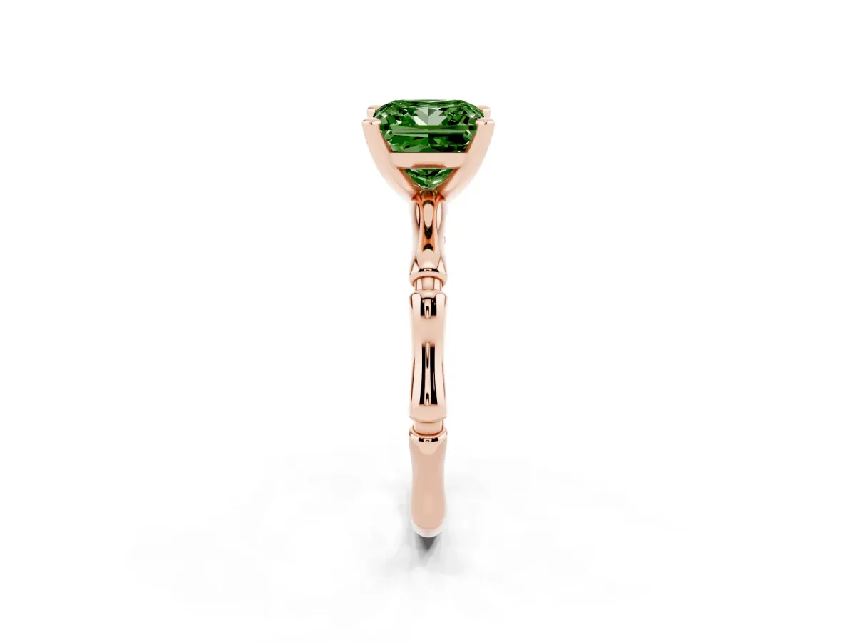 Fancy Green Princess Cut Solitaire Diamond Ring with Bamboo Band and Four-Prong Setting Rose gold
