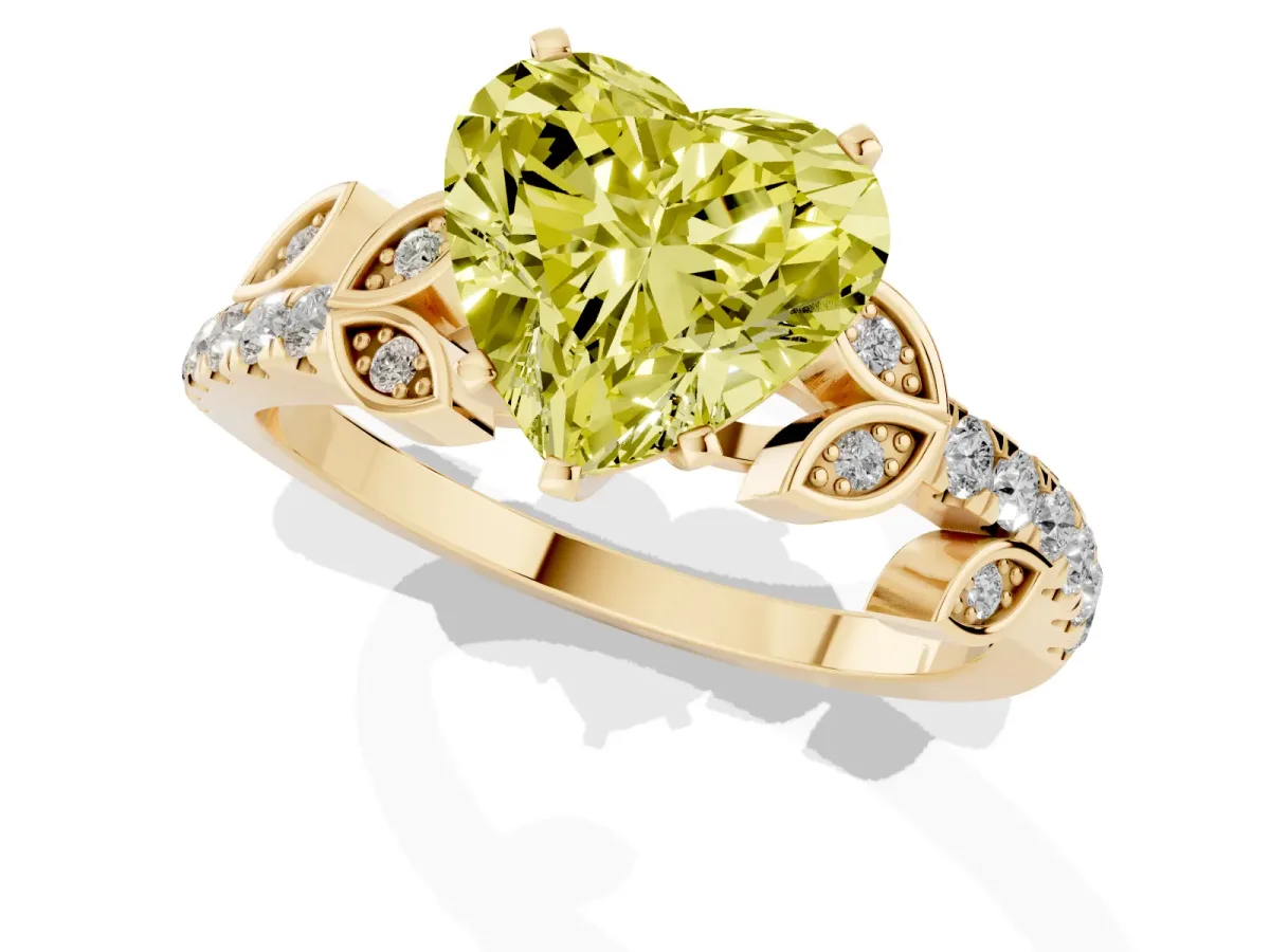 Fancy Yellow Heart Cut Solitaire Leaf-Inspired Diamond Ring with Pavé Band and Four-Prong Setting Yellow gold