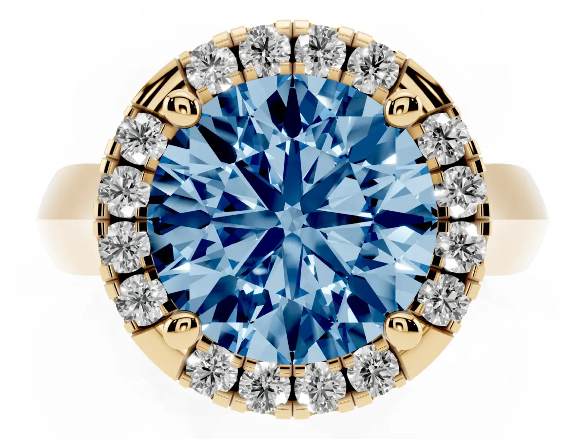 Fancy Blue Round Cut Cut Halo Solitaire Engagement Ring with Square Band and Four-Prong Setting Yellow gold