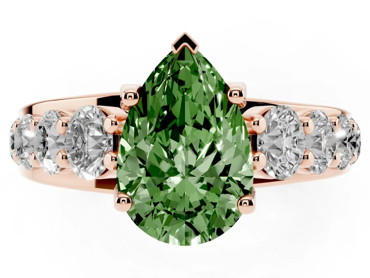 Fancy Green Pear Cut Diamond Engagement Ring with Pavé Band and Four-Prong Setting Rose gold