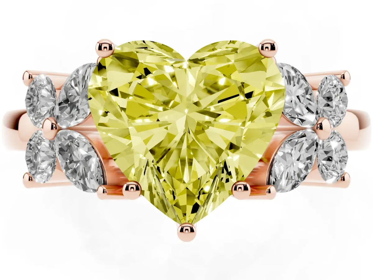Fancy Yellow Heart Cut Diamond Floral Cluster Ring with Solitaire Band and Prong Setting Rose gold