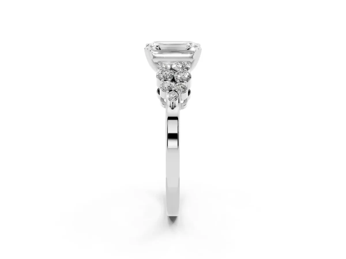Emerald Cut Cluster Diamond Engagement Ring with Pavé Band and Four-Prong Setting Silver