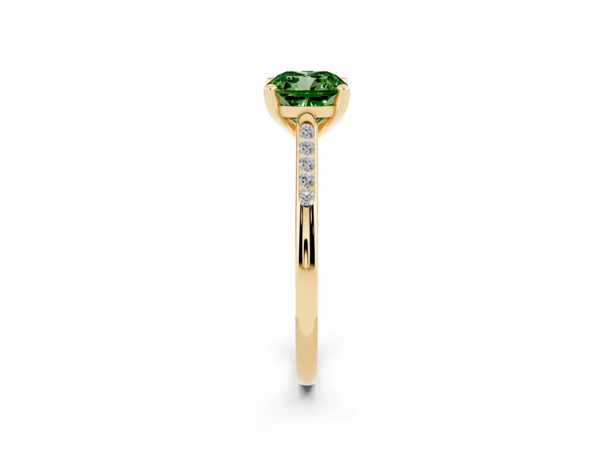 Fancy Green Cushion Cut Diamond Solitaire Ring with Channel Set Round Band and Prong Setting Yellow gold