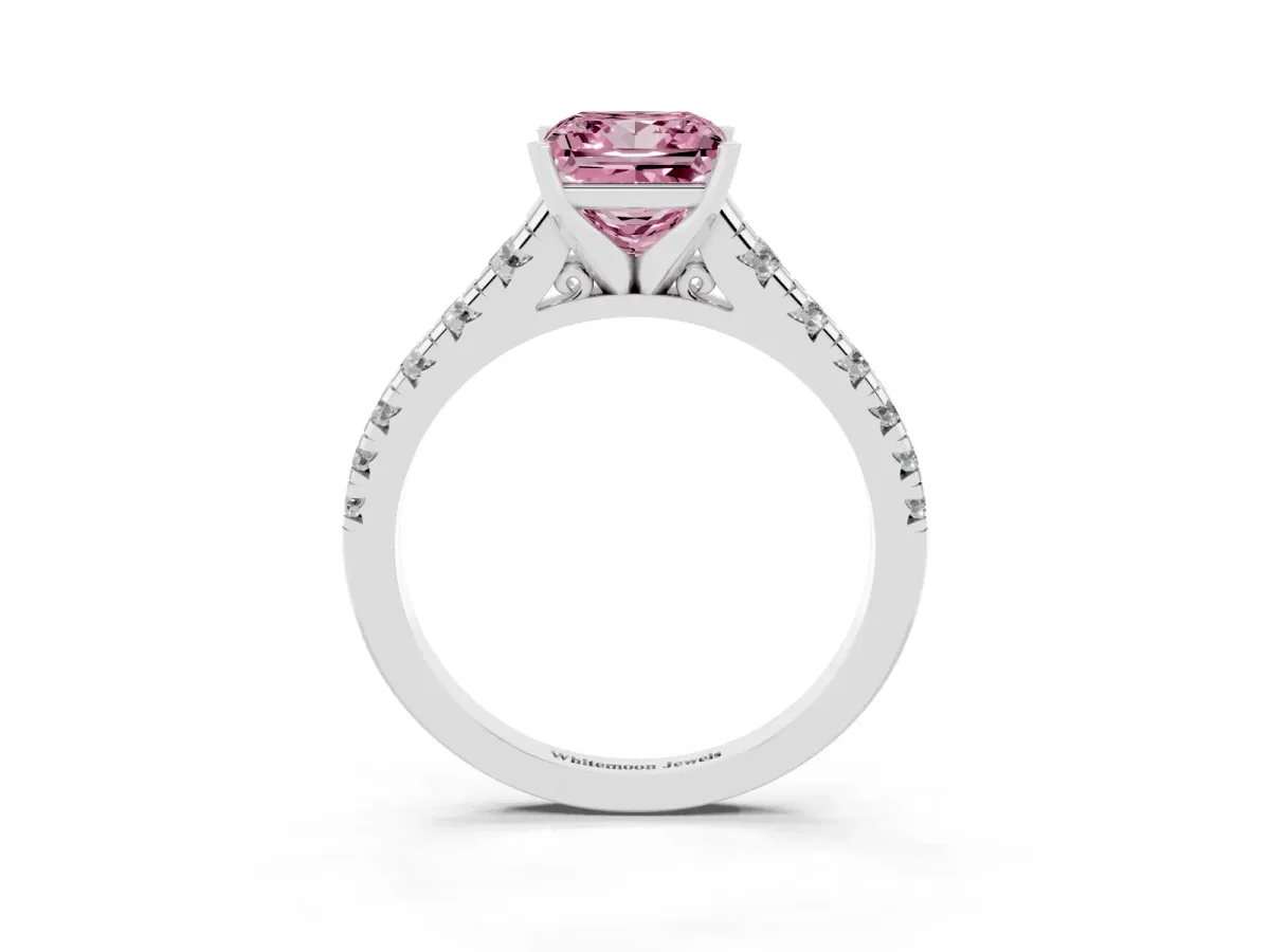 Fancy Pink Princess Cut Diamond Cathedral Solitaire Ring with Round Pavé Band Silver