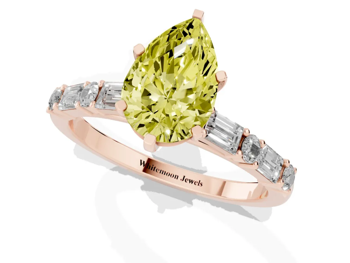 Fancy Yellow Pear Cut Diamond Solitaire with Side Baguettes and Channel Set Band Rose gold