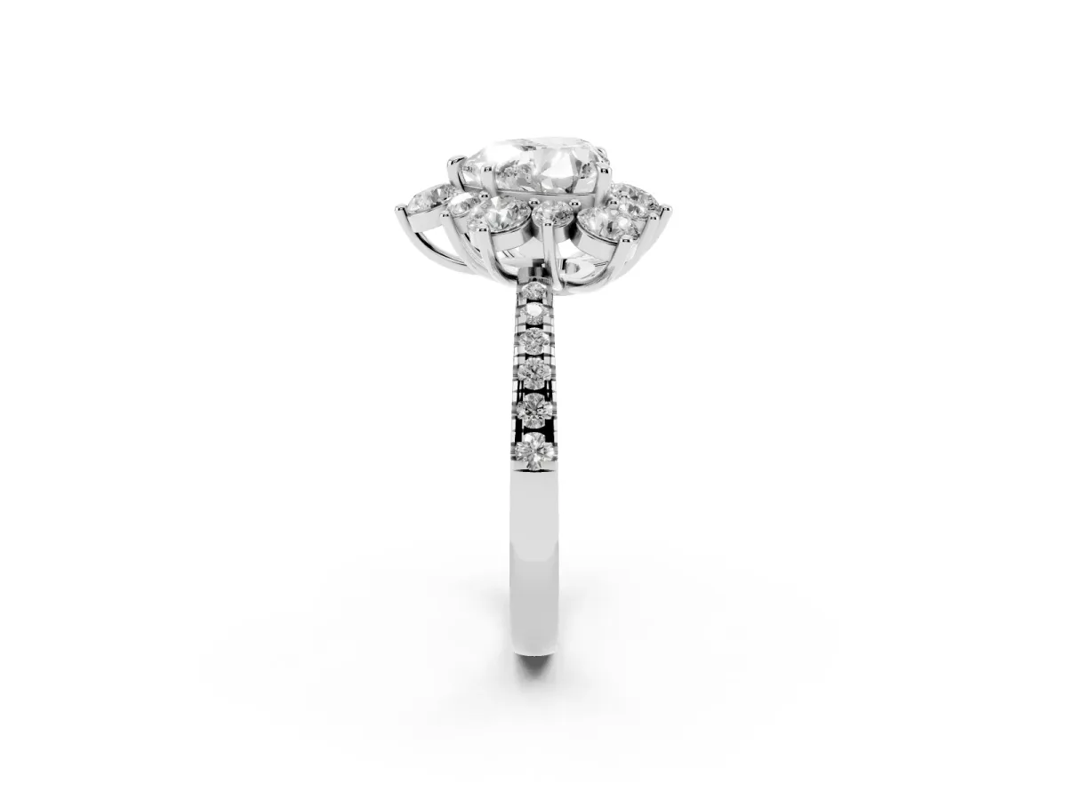 Heart Cut Diamond Floral Halo Ring with Round Pavé Band and Prong Setting Silver