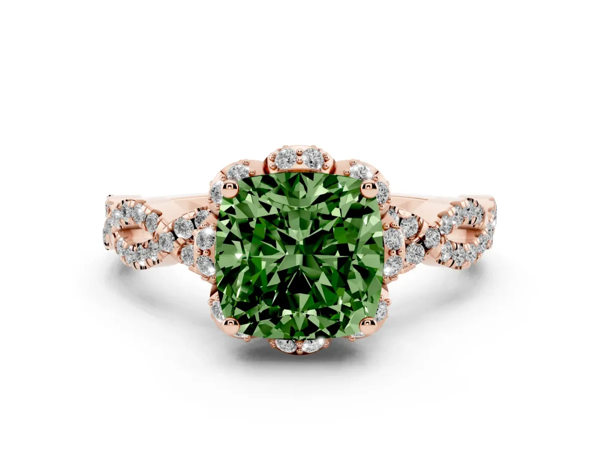 Fancy Green Cushion Cut Halo Twist Band Solitaire Ring with Six-Prong Setting Rose gold