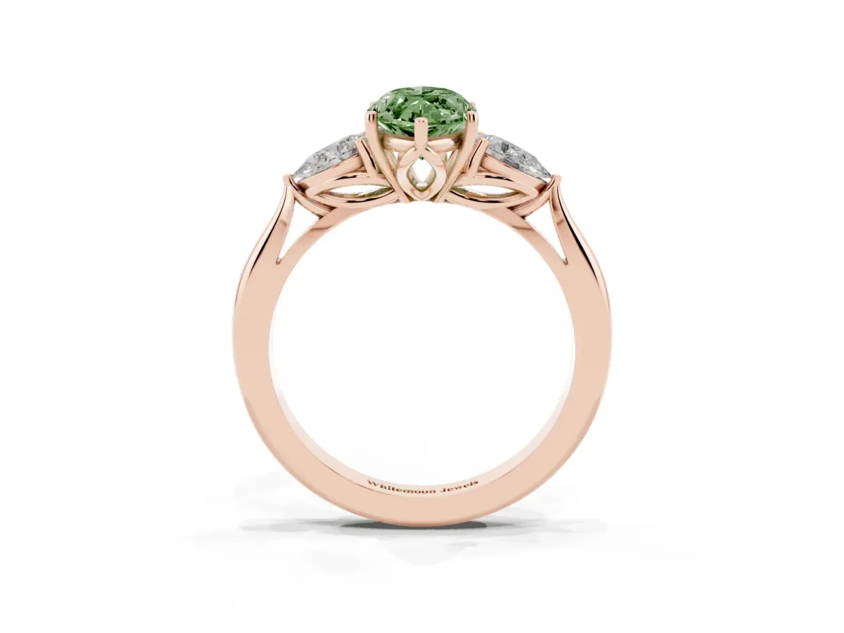 Fancy Green Three-Stone Marquise Cut Brilliant Diamond Solitaire Ring with Tapered Band and Four-Prong Setting Rose gold