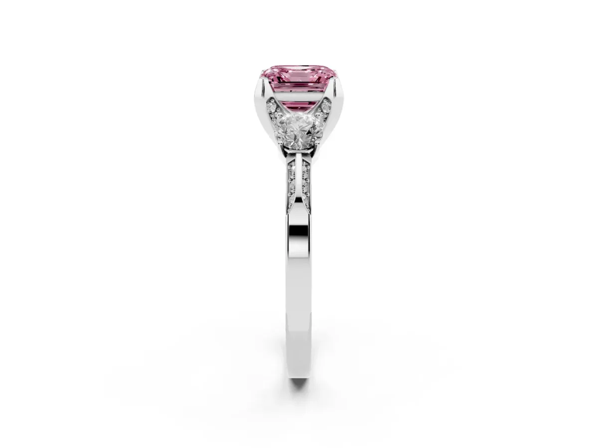 Fancy Pink Asscher Cut Brilliant Three-Stone Diamond Ring with Pavé Band and Four-Prong Setting Platinum