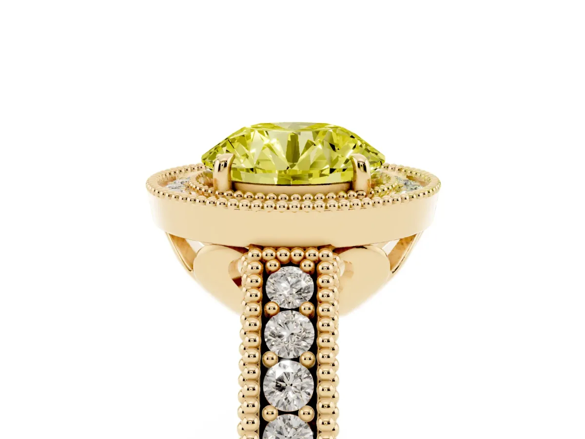 Fancy Yellow Round Cut Cut Halo Diamond Ring with Pavé Band and Four-Prong Setting Yellow gold