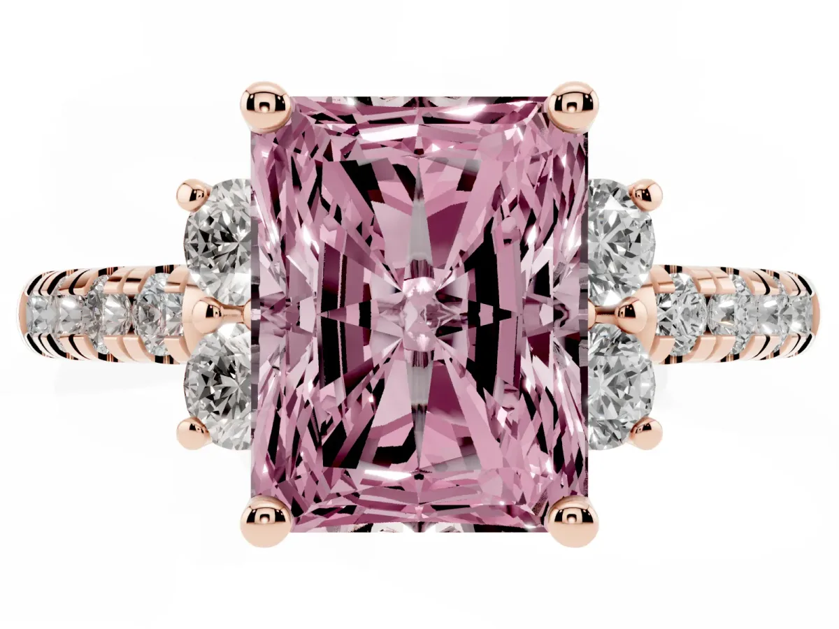 Fancy Pink Radiant Cut Diamond Three-Stone Pave Band with Four-Prong Setting Rose gold