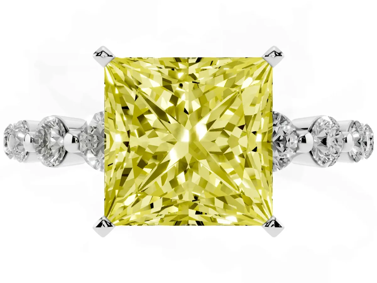 Fancy Yellow Princess Cut Solitaire Diamond Ring with Pave Band and Four-Prong Setting Silver