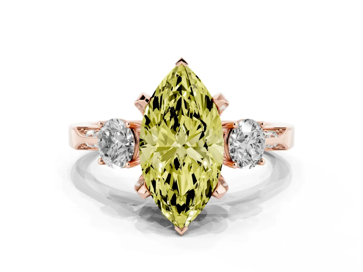 Fancy Yellow Marquise Cut Brilliant Three-Stone Diamond Ring with Pavé Band and Four-Prong Setting Rose gold