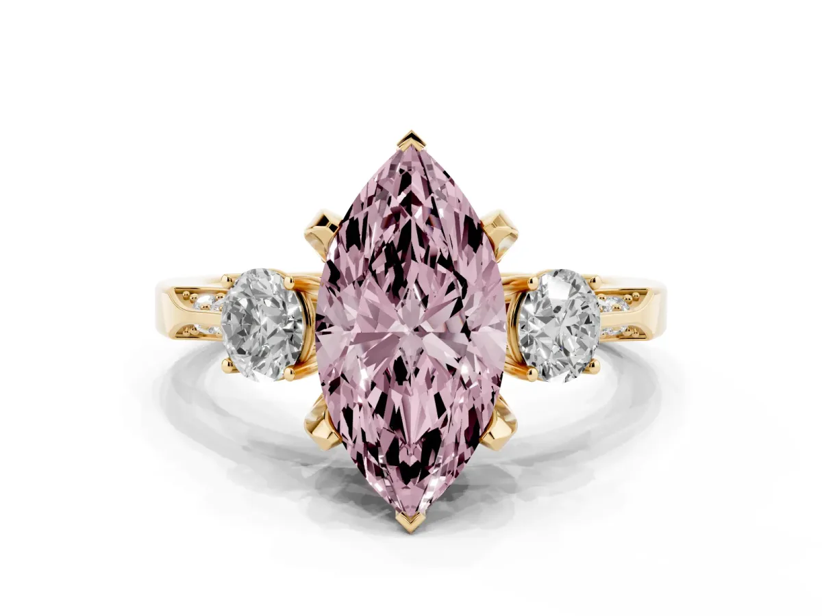 Fancy Pink Marquise Cut Brilliant Three-Stone Diamond Ring with Pavé Band and Four-Prong Setting Yellow gold