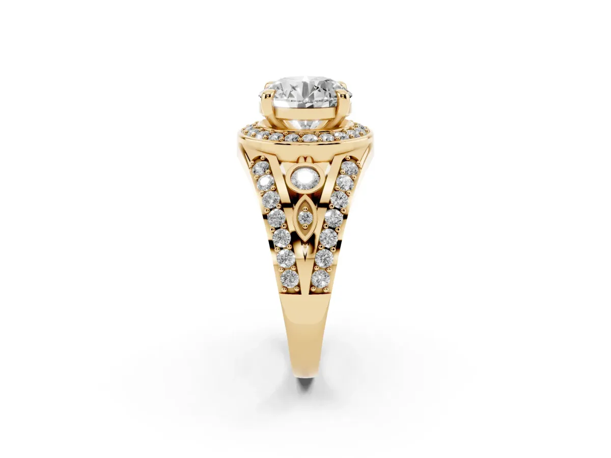 Round Cut Diamond Halo Ring with Split Shank and Bezel Accents and Four-Prong Setting Yellow gold