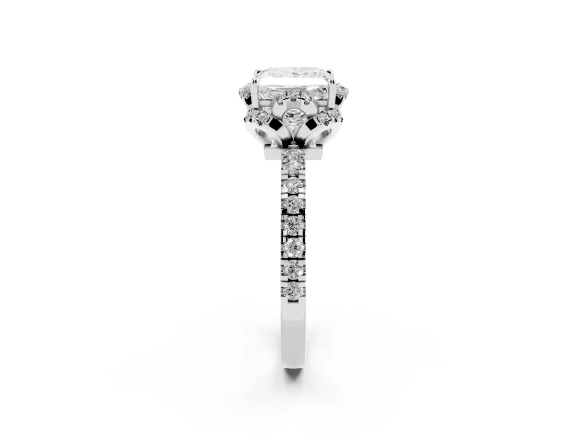 Princess Cut Halo Diamond Pave Band Ring with Four-Prong Setting Silver