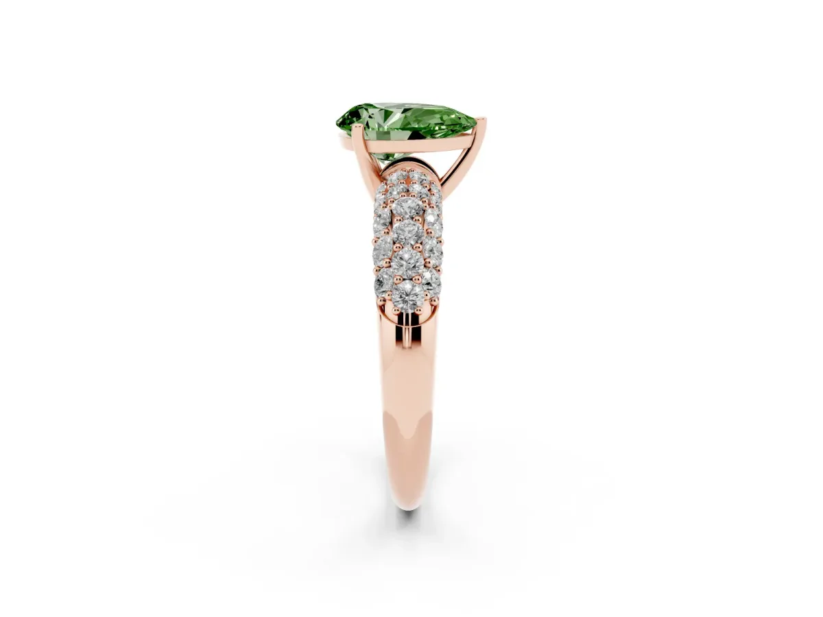 Fancy Green Pear Cut Diamond Pavé Band Solitaire Ring with Four-Prong Setting Rose gold
