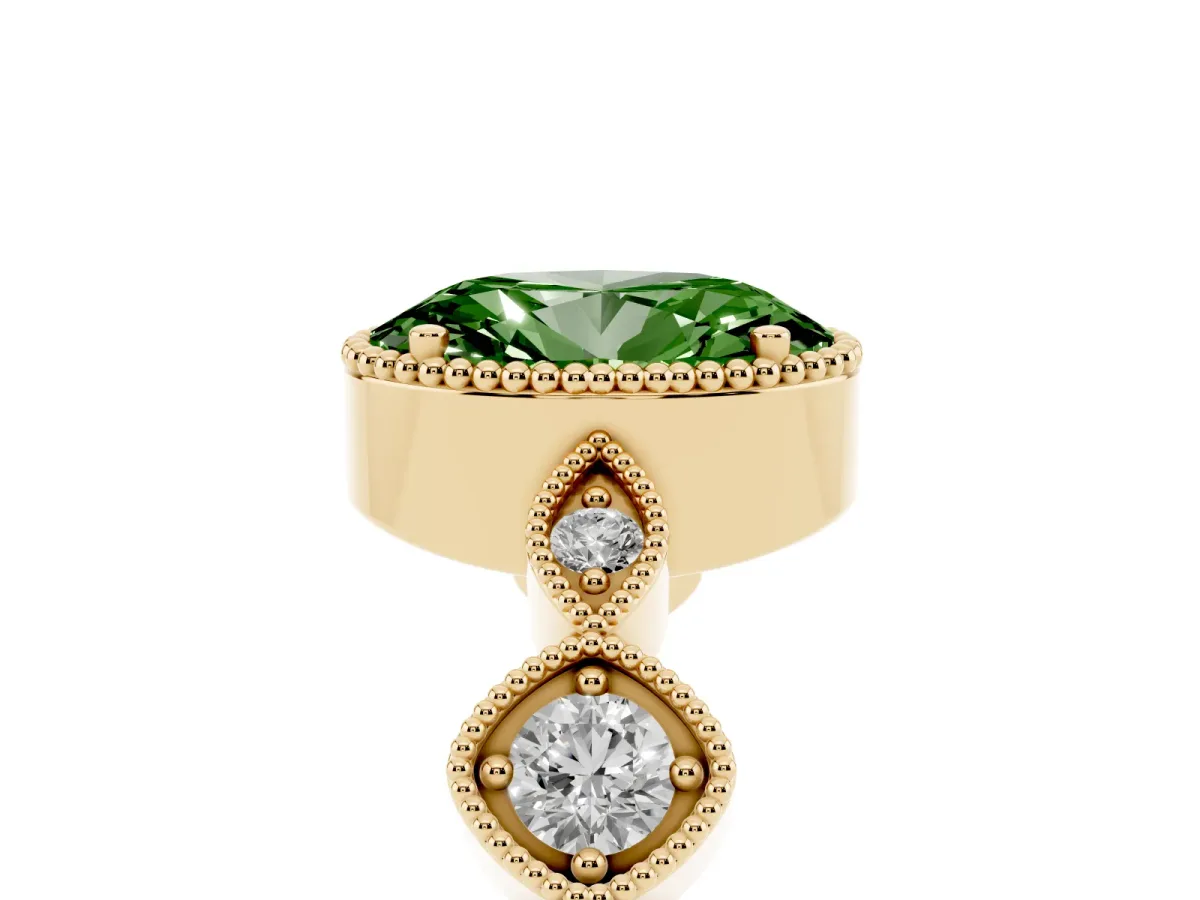 Fancy Green Oval Cut Diamond Vintage Milgrain Ring with Round Stations Yellow gold