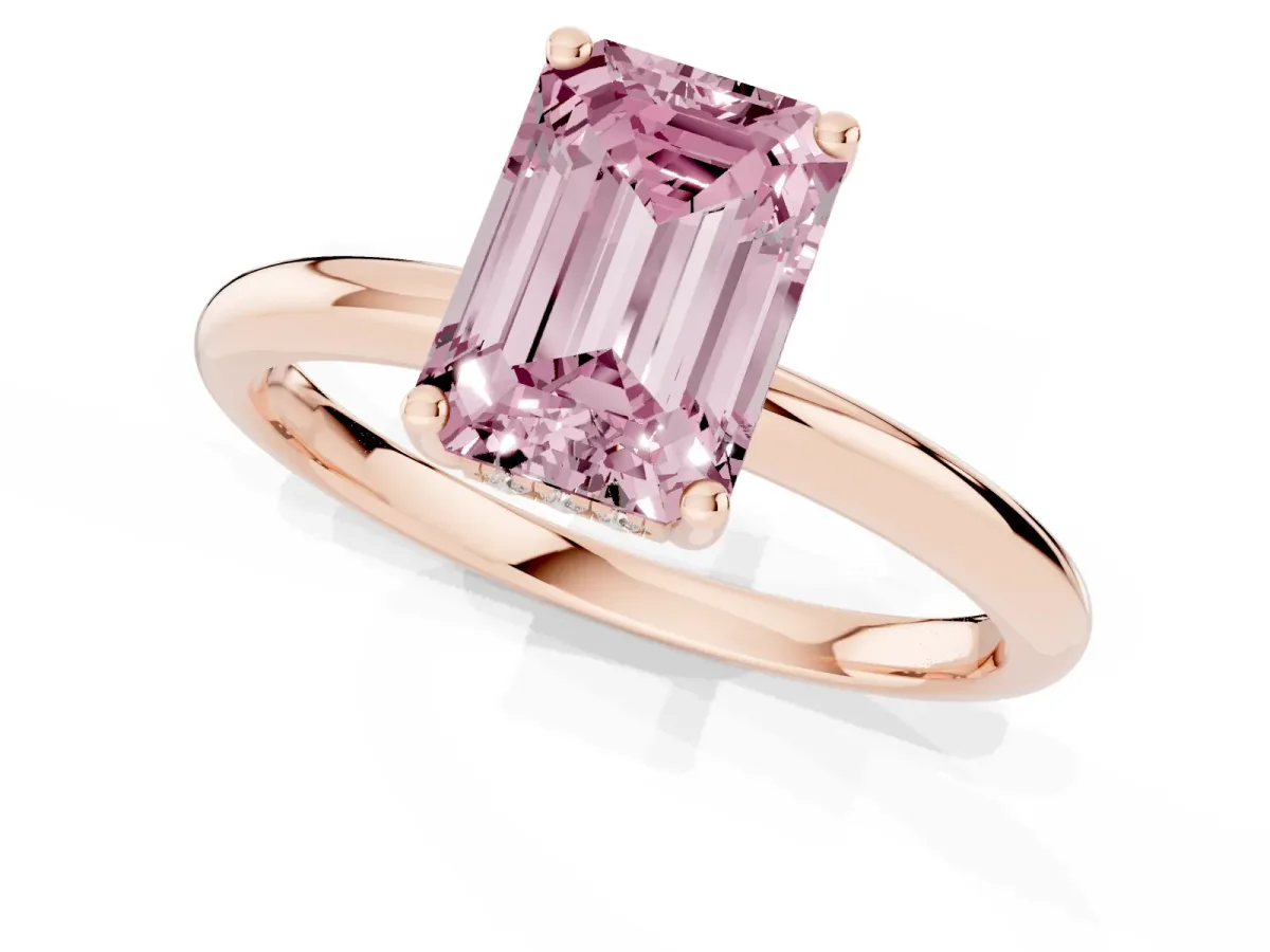 Fancy Pink Emerald Cut Cut Solitaire Engagement Ring with Four-Prong Setting and Classic Band Rose gold