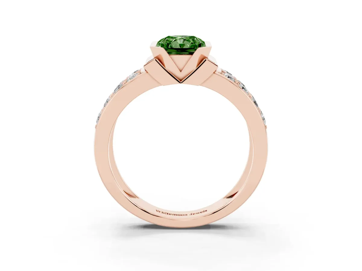 Fancy Green Radiant Cut Brilliant Diamond Channel Set Wide Band Ring with Bezel Setting Rose gold