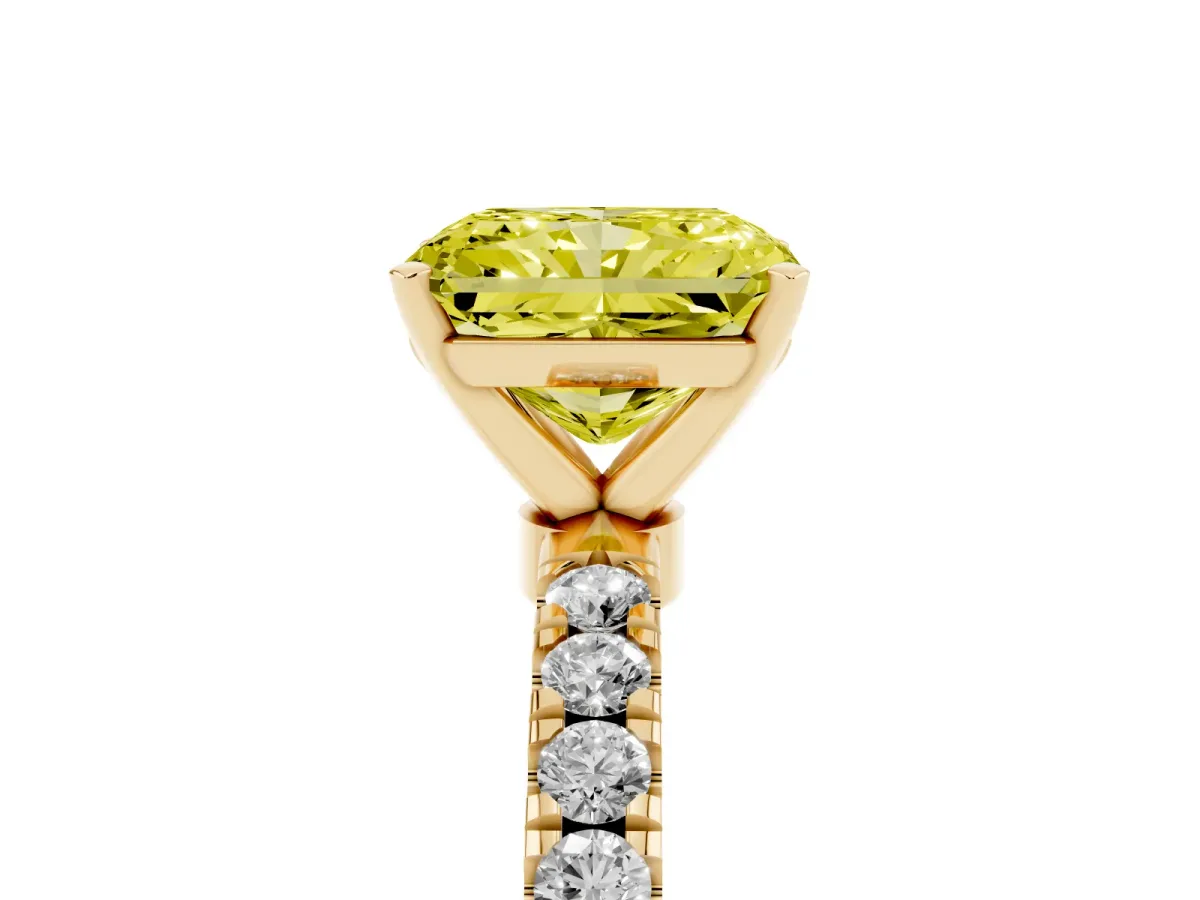 Fancy Yellow Radiant Cut Diamond Solitaire Ring with Pavé Accents and Four-Prong Setting Yellow gold