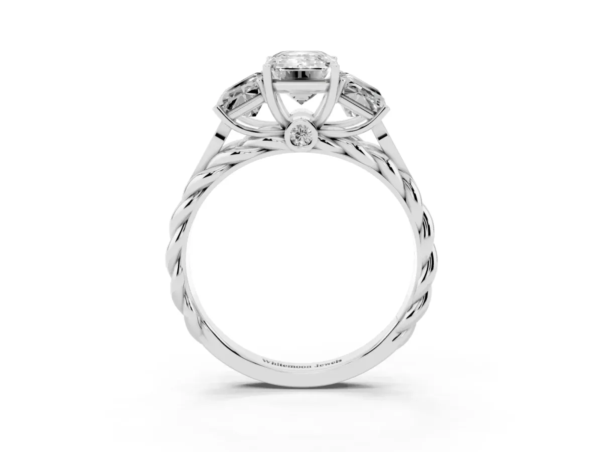 Three-Stone Emerald Cut Diamond Braided Band Ring with Four-Prong Setting Platinum