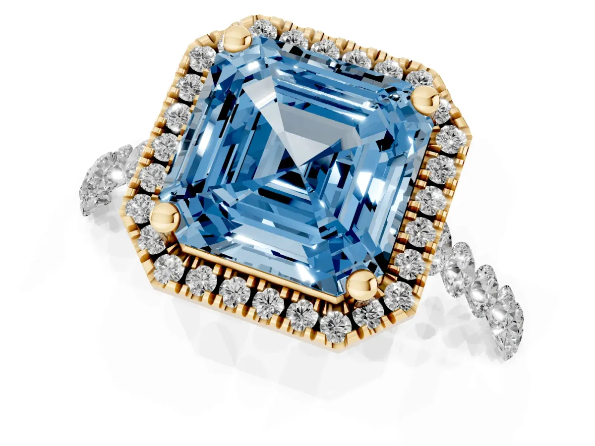 Fancy Blue Asscher Cut Halo Pavé Diamond Engagement Ring with Four-Prong Setting Yellow gold