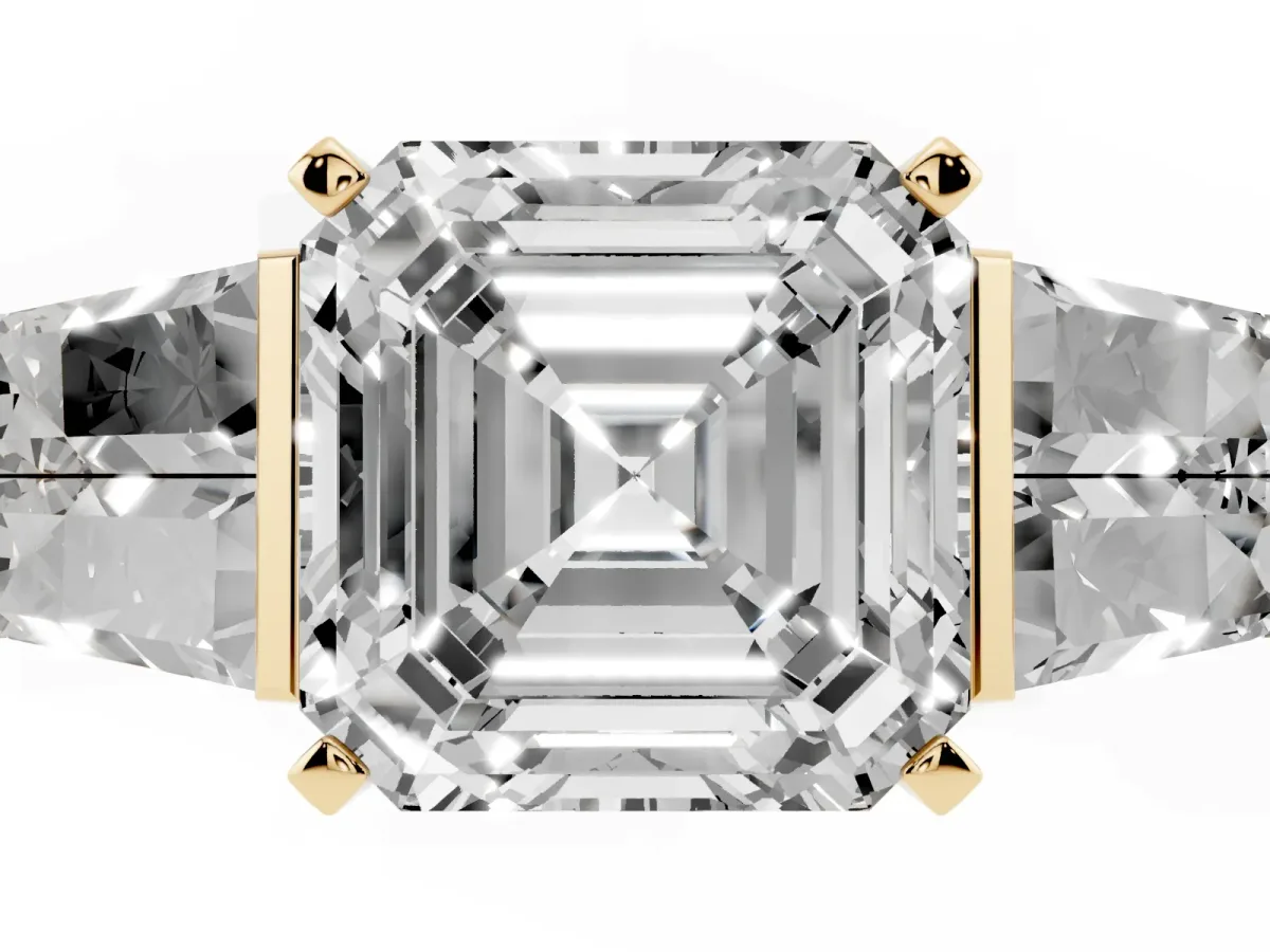 Asscher Cut Diamond Engagement Ring with Baguette Side Stones and Channel Set Band Yellow gold