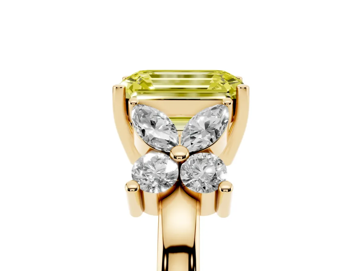 Fancy Yellow Emerald Cut Diamond Floral Cluster Ring with Solitaire Band and Prong Setting Yellow gold