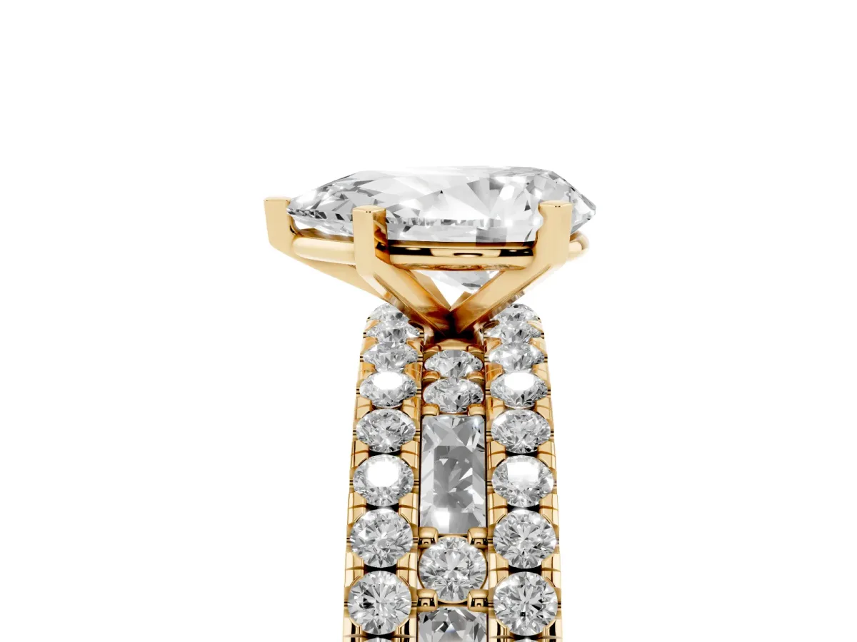 Pear Cut Diamond Solitaire Ring with Pavé and Channel Set Band Yellow gold