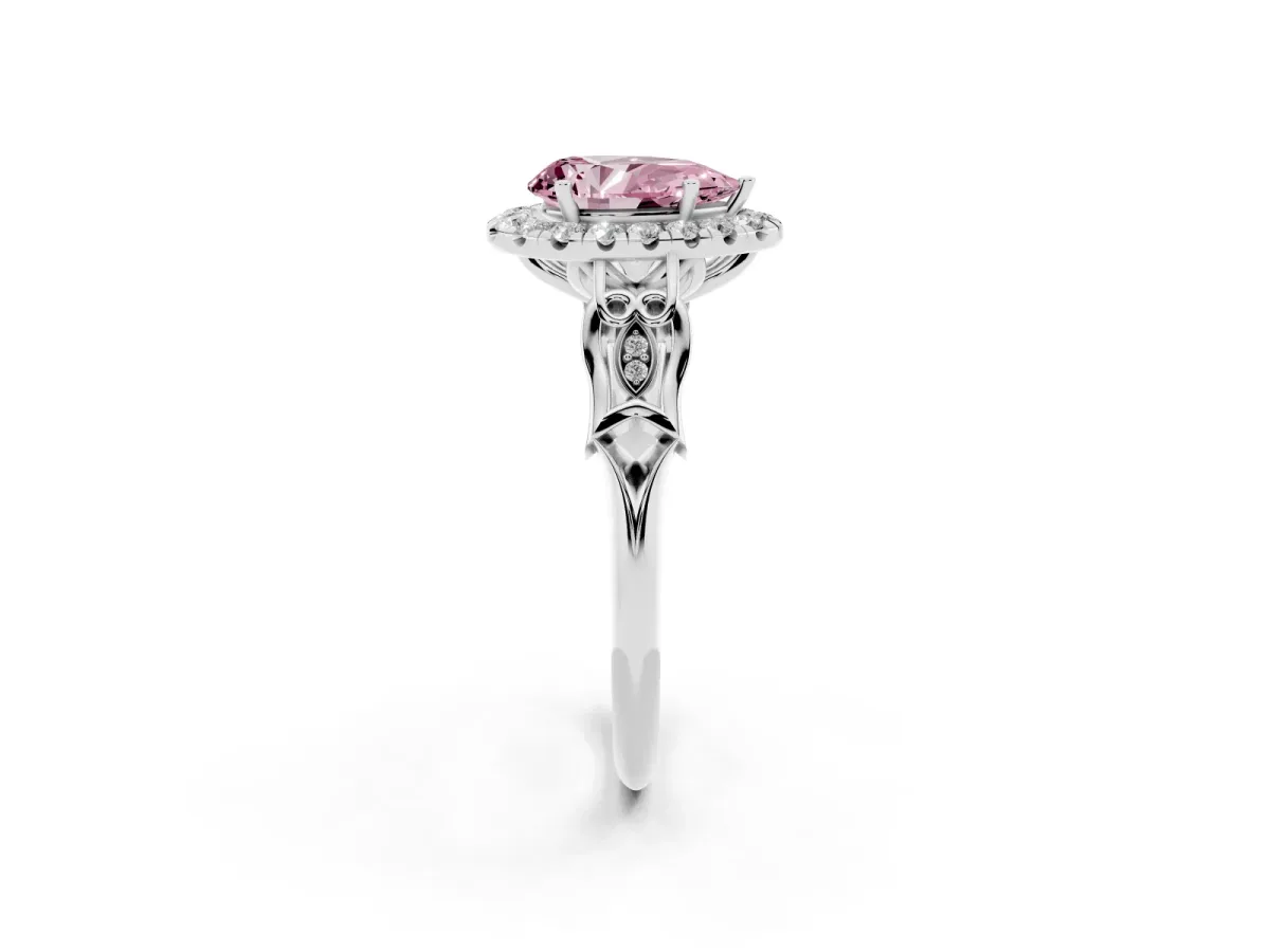 Fancy Pink Pear Cut Halo Diamond Engagement Ring with Filigree Band and Four-Prong Setting Platinum