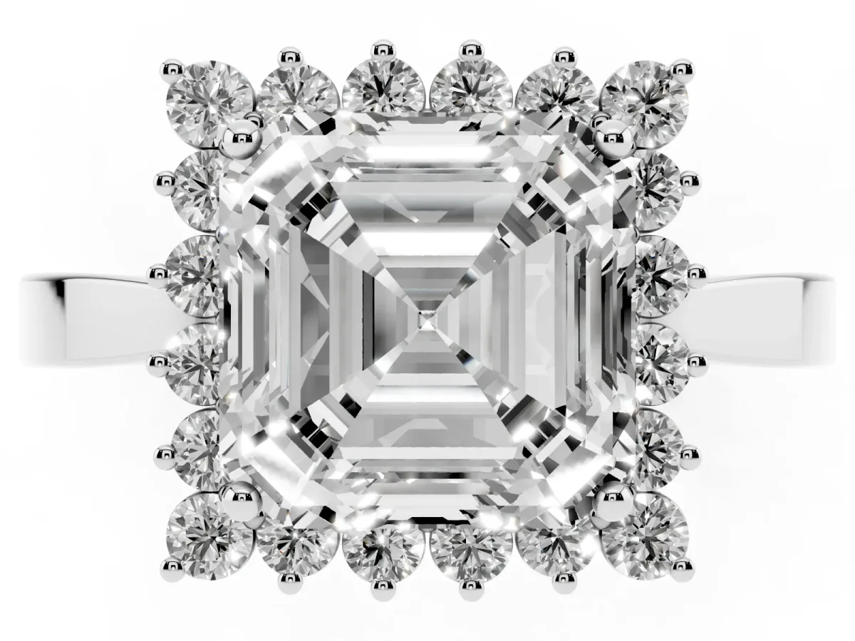 Asscher Cut Cut Diamond Halo Ring with Round Brilliant Halo and Solitaire Band Silver
